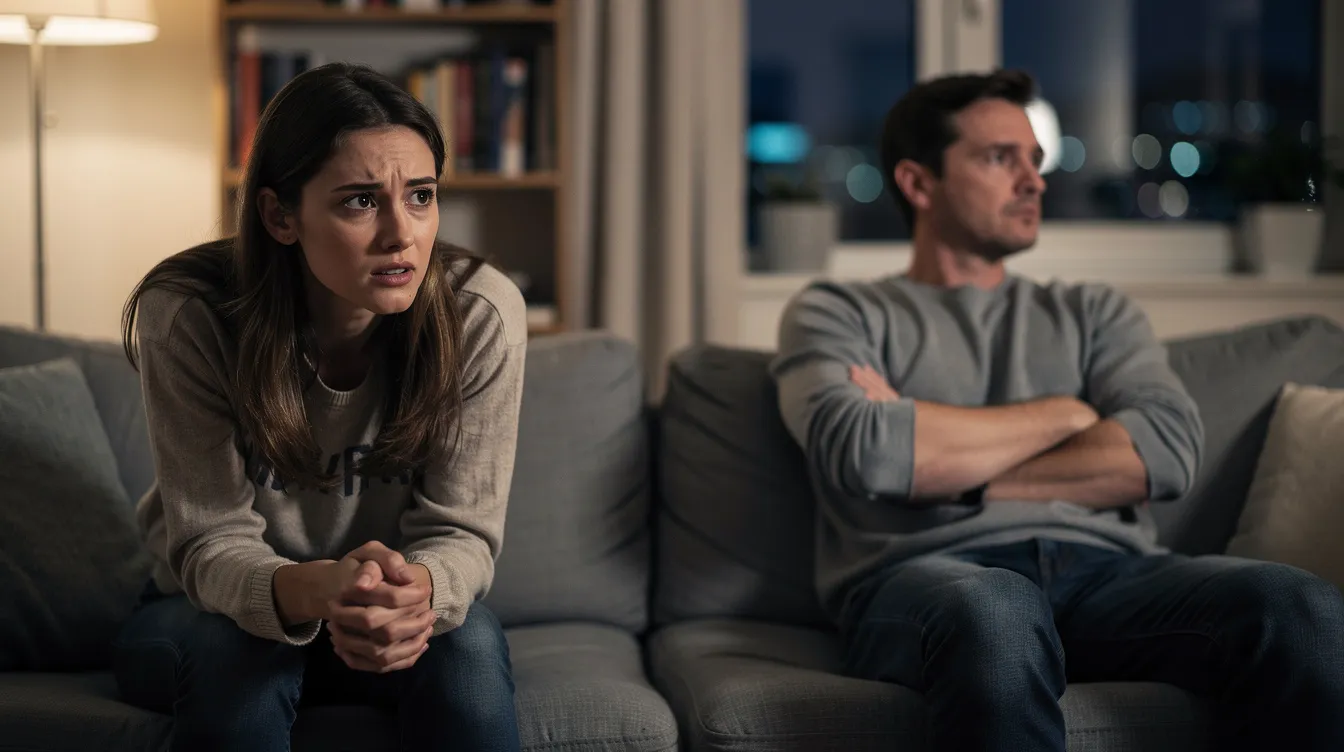 The image depicts a couple sitting together, appearing distant and emotionally disconnected, symbolizing the struggles of different attachment styles in romantic relationships. Their body language suggests issues related to avoidant and anxious attachment, highlighting the challenges of achieving emotional intimacy and secure attachment in adult relationships.