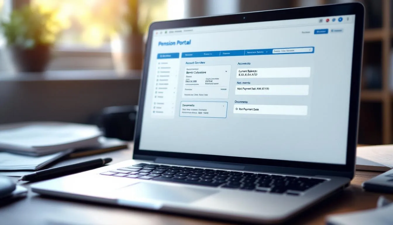 The image depicts a computer screen displaying an online pension portal interface, showcasing various retirement plans and benefits available to eligible employees in New Jersey, including options from the public employees retirement system and the firemen's retirement system. Users can access details about their pension contributions, retirement allowances, and other important information related to their pension systems.