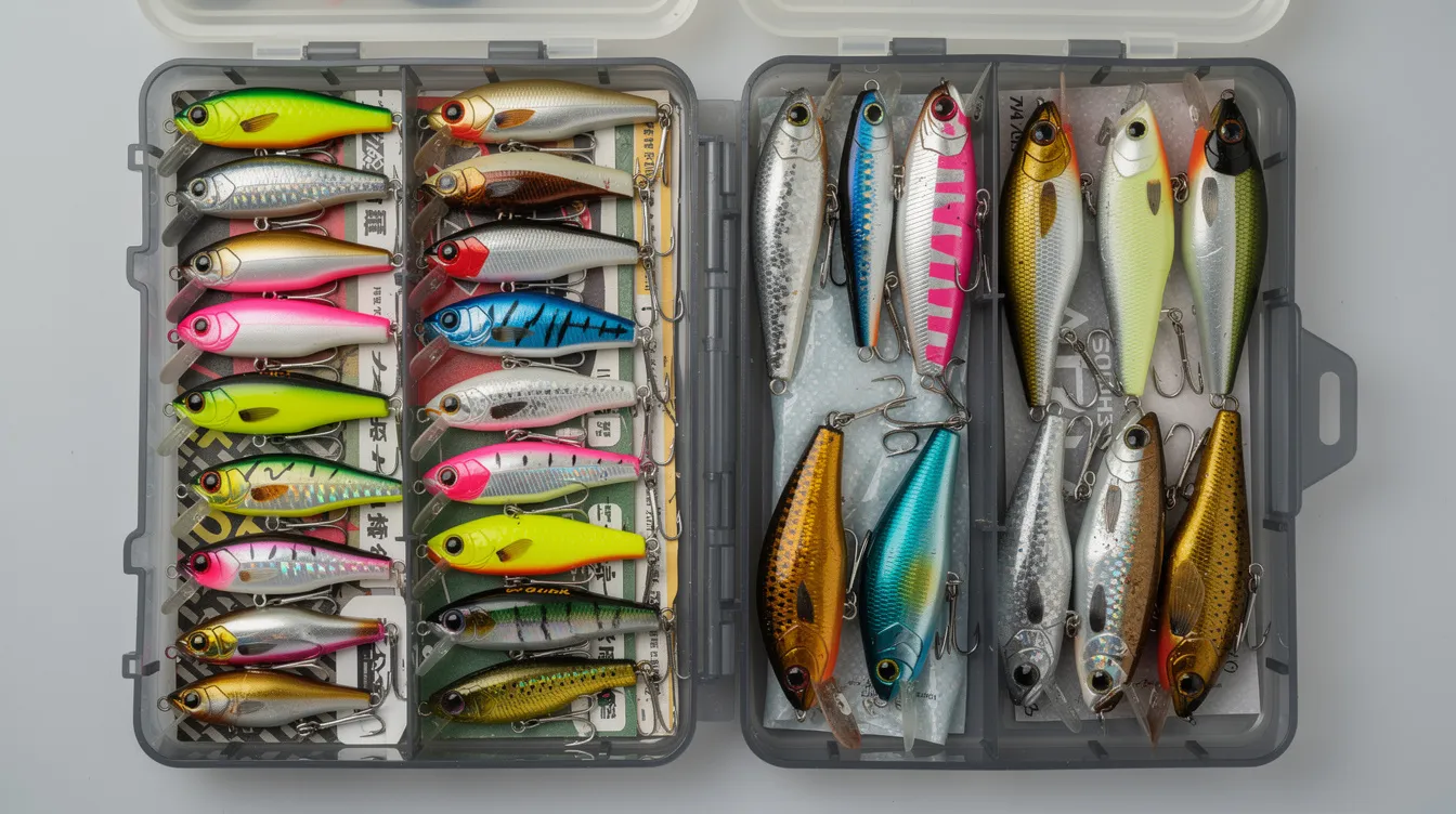 The image shows a neatly organized fishing tackle box filled with a variety of colorful Japanese hard bait lures, including popular models from renowned Japanese brands like Megabass and Daiwa. These fishing lures are designed for both freshwater and saltwater fishing, appealing to anglers looking for effective equipment to catch bass and other fish.