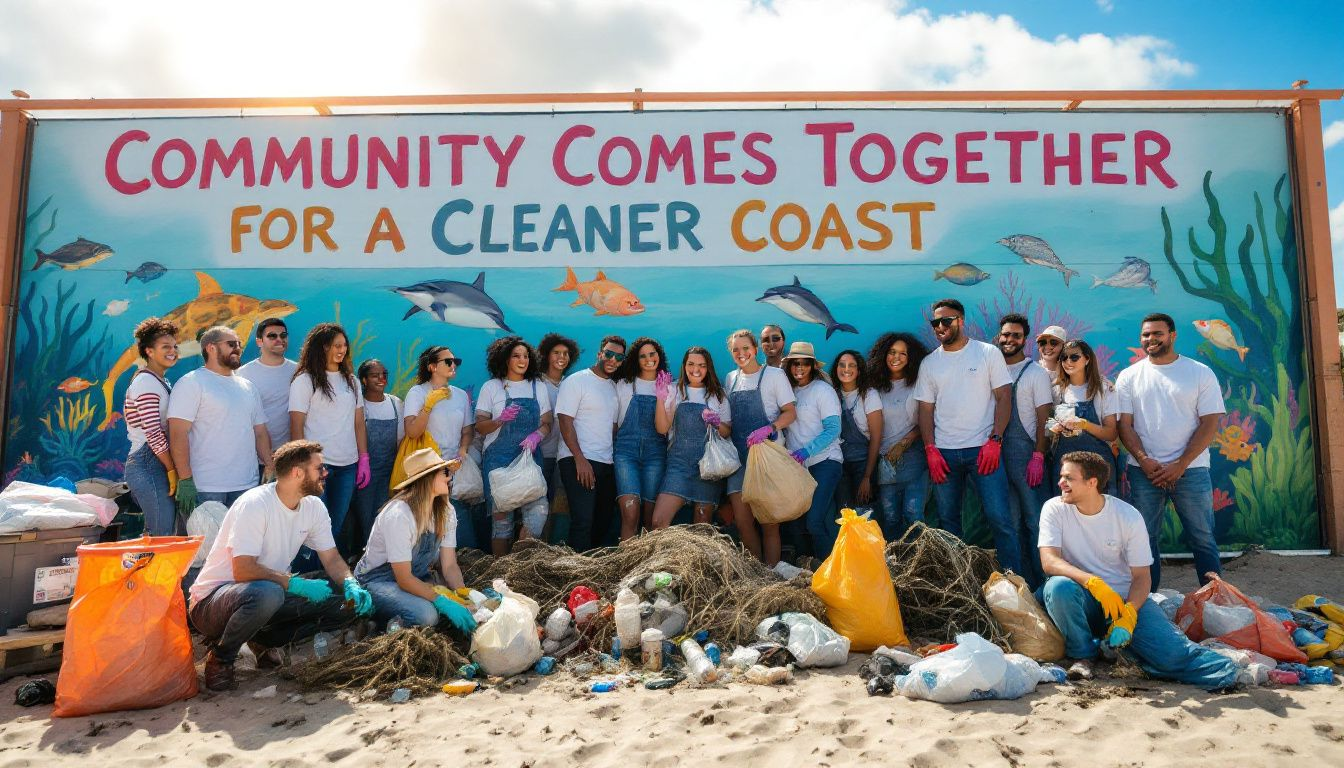 A group of volunteers participating in a beach cleanup near me.