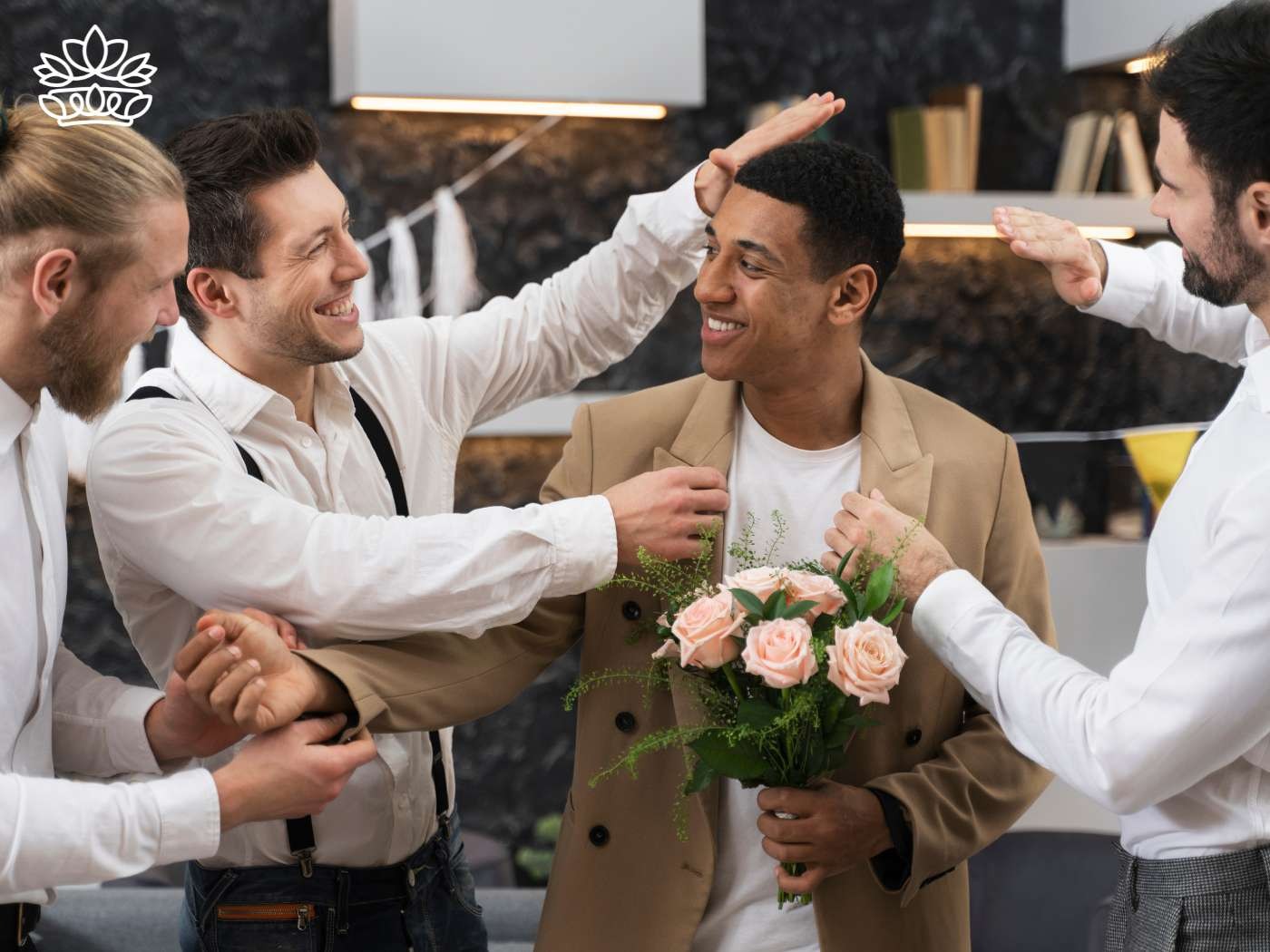 A group of colleagues celebrating a moment of farewell with one employee holding a bouquet from the Farewell Flowers and Gifts Collection. Their joyful expressions convey appreciation, making it a great gift from Fabulous Flowers and Gifts, symbolizing better coworker relationships and the spirit of gifting.