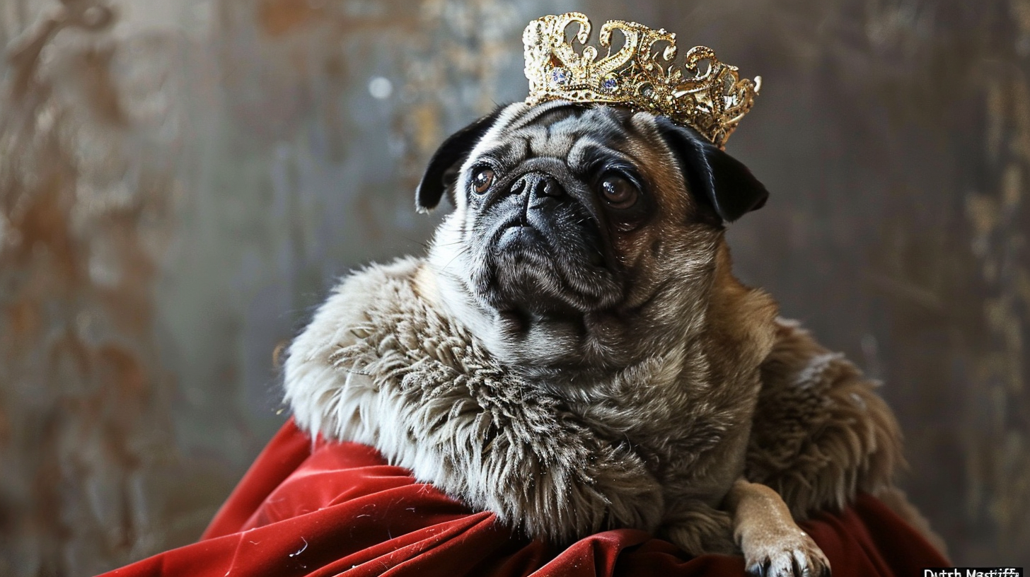 A pug wearing a crown and a King's cloak