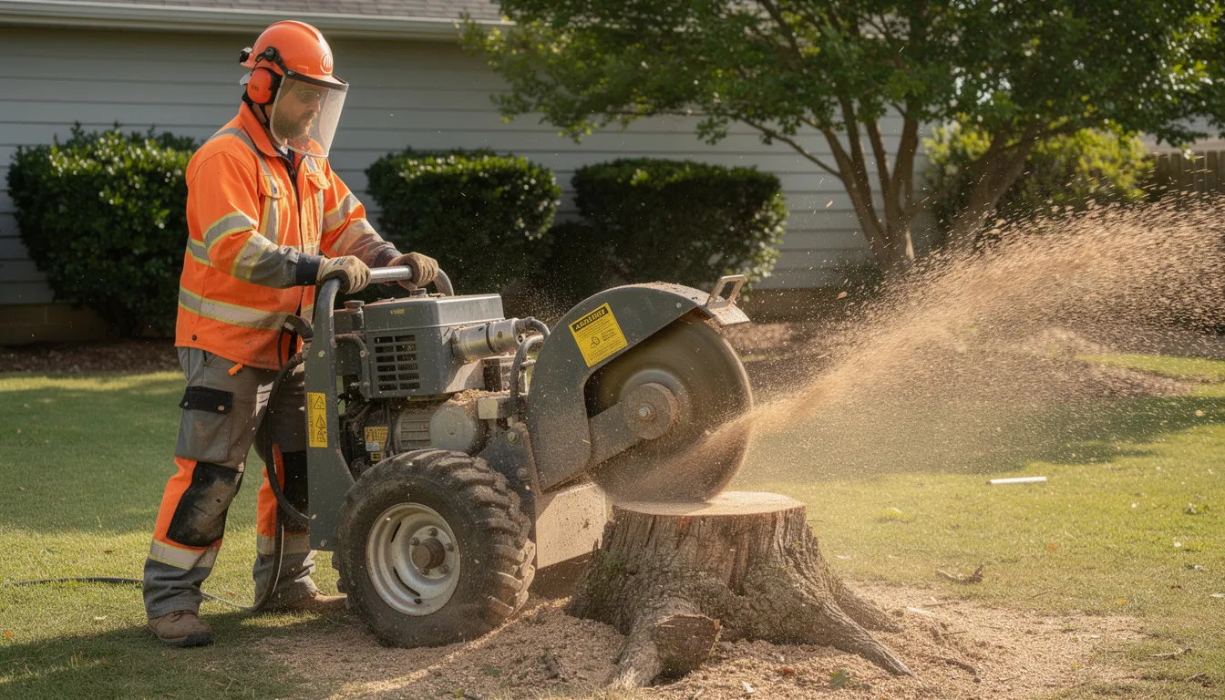 A person wearing safety gear is operating professional stump grinding equipment, effectively removing a tree stump from the ground level. This stump grinding service not only enhances the surrounding landscape but also addresses potential hazards for property owners.