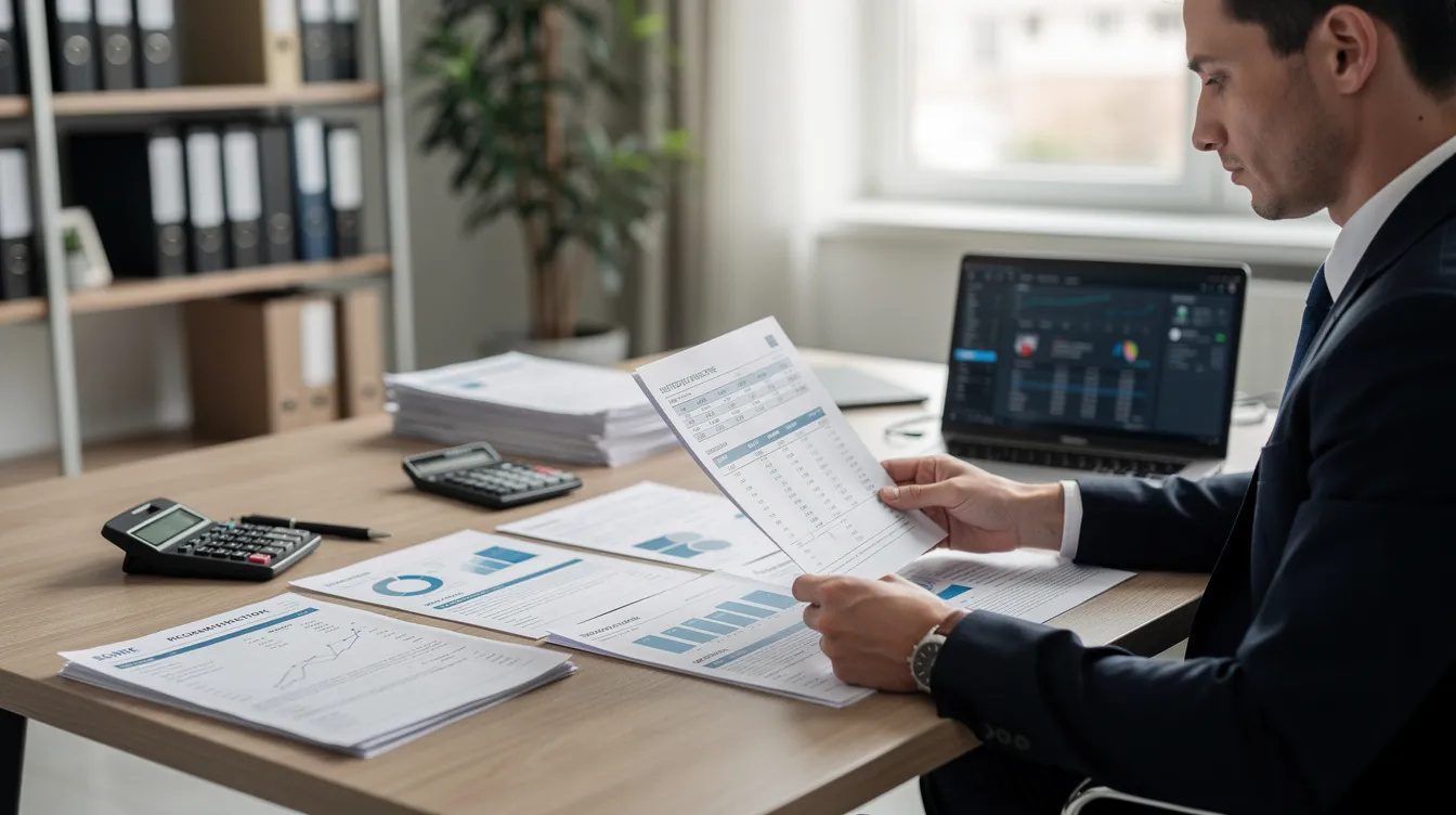 1153a039 9bfd 4cca b88c 5613900ab8df A bank officer is seated at a desk, diligently reviewing financial documents and bank statements, which are essential for assessing cash flow and the financial health of businesses. The scene highlights the importance of accurate financial records in the loan application process for business owners seeking financial assistance.