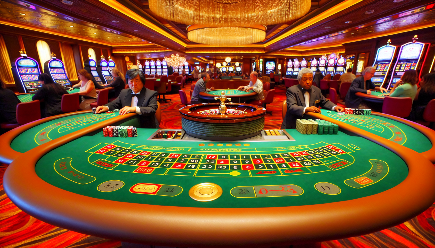 Elegant blackjack and roulette tables at a casino