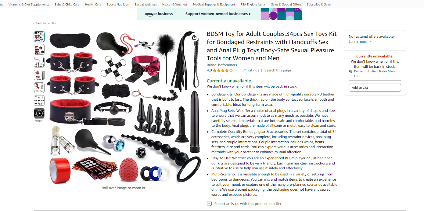 BDSM kits include a variety of sex toys, such as handcuffs, blindfolds, and whips, catering to the BDSM community.