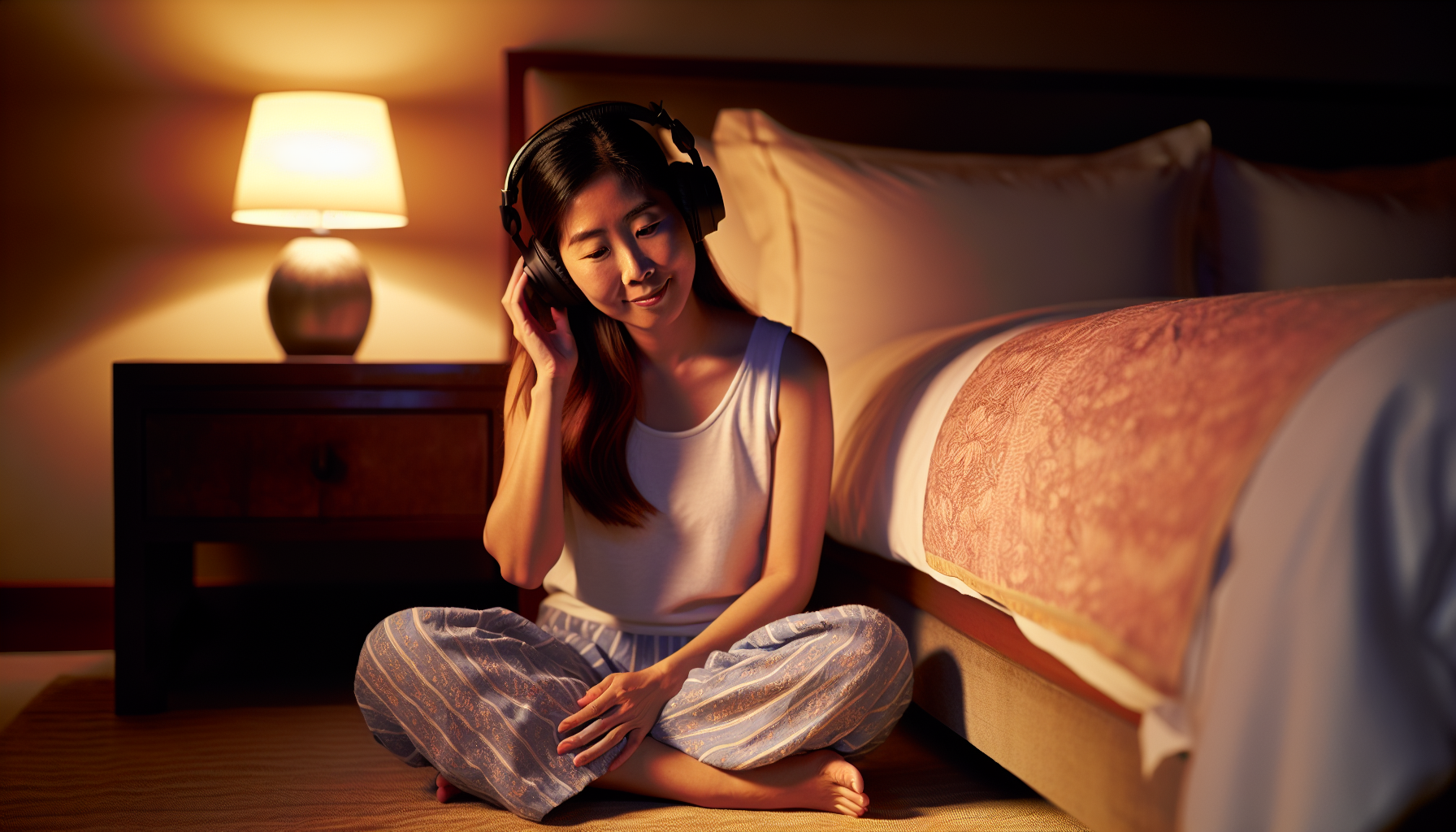 Person listening to soothing music before sleep