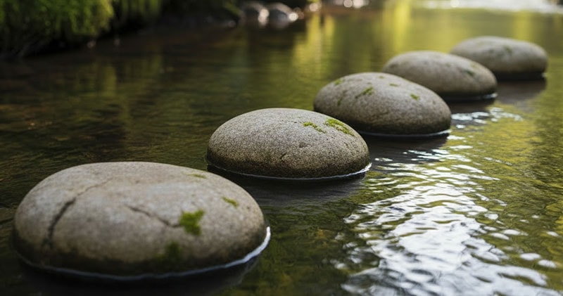 Smooth rocks perfectly aligned in a creek, with a nature background.