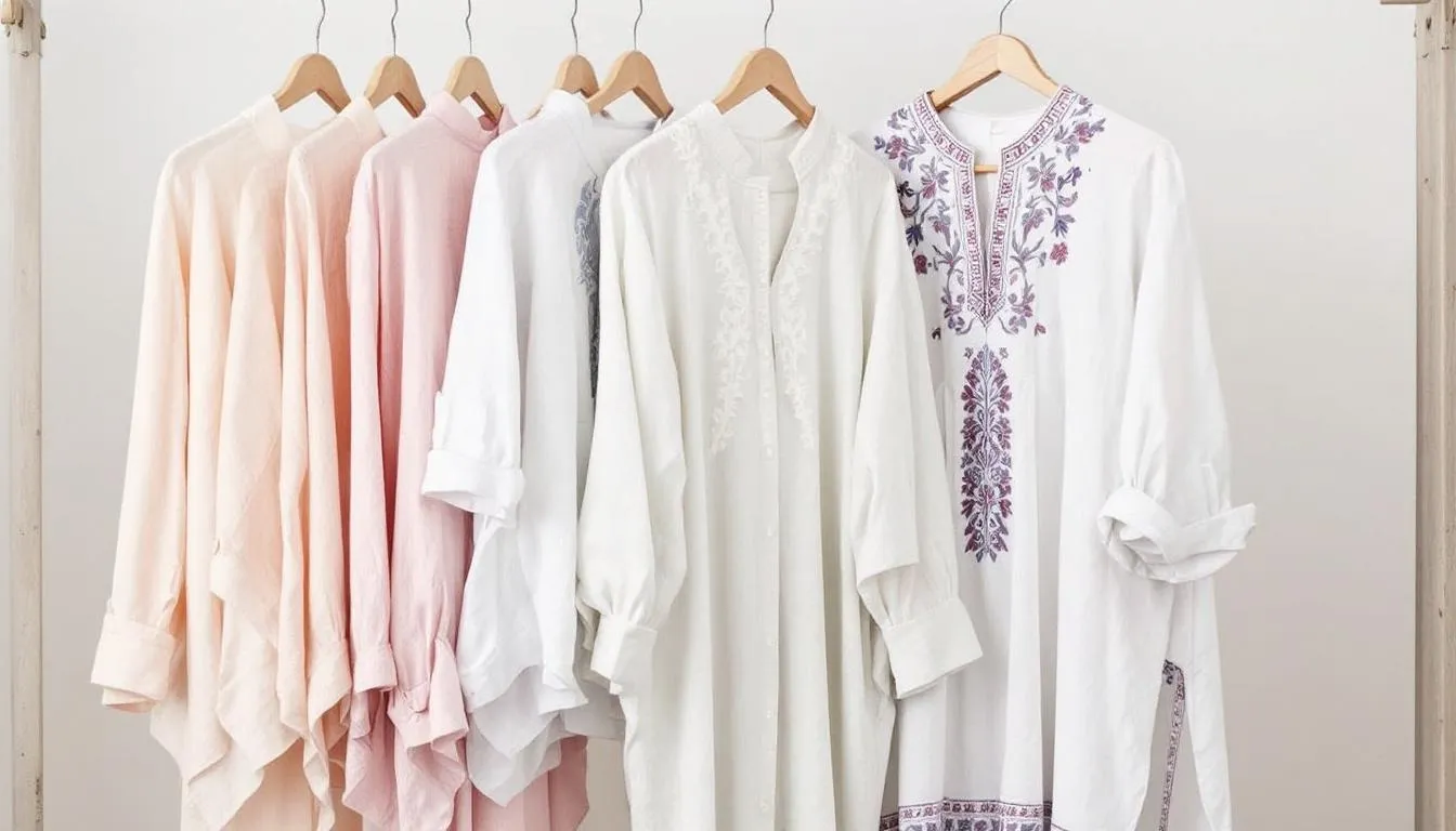 The image showcases a collection of modest, breathable shirts and tunics ideal for female travelers exploring Morocco, featuring lightweight fabrics and styles that promote comfort and sun protection. This versatile attire includes long tunics and flowy pants, perfect for dressing conservatively while respecting local customs.