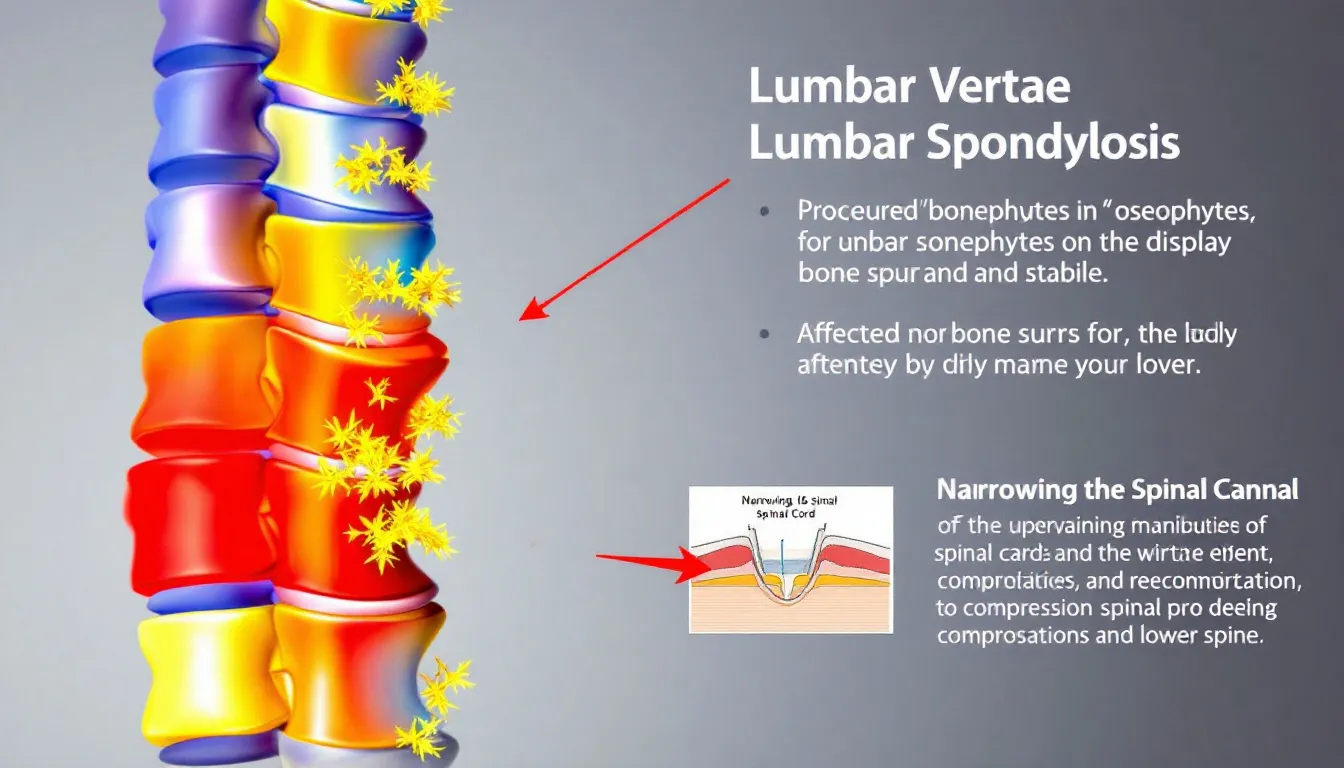 An illustration of lumbar spondylosis, showing the lumbar spine with bone spurs.