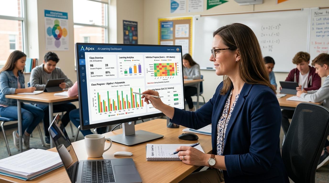 Teacher analyzing AI-powered formative assessment software with student progress tracking, interactive quizzes, and learning analytics