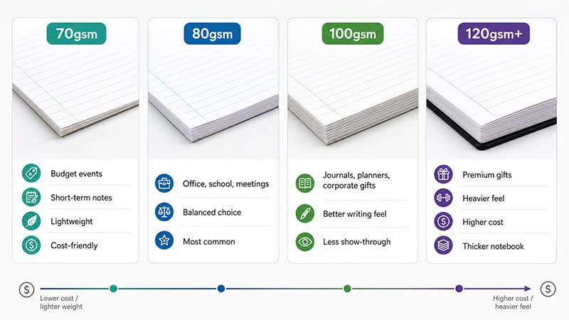 A5 notebook paper weights compared from 70gsm to 120gsm for different uses