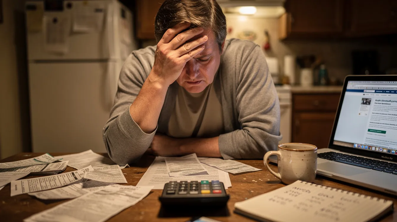 A stressed person sits at a kitchen table cluttered with bills and a calculator, indicating a struggle with financial management and potential debt issues. The scene reflects the emotional weight of being an "欠債 人" and the need for "債務 重組" to regain control over their finances.