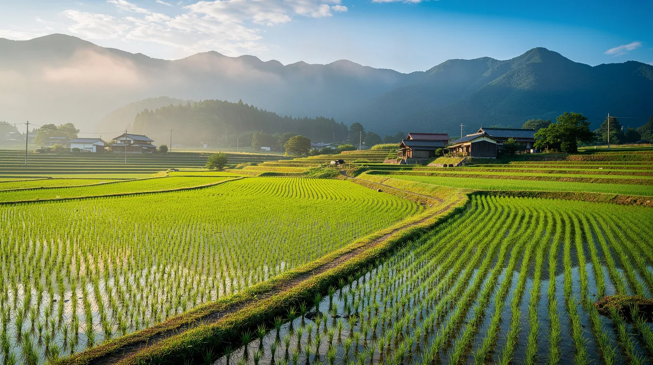 The image showcases lush green rice paddies stretching toward majestic mountains in rural Japan during the summer, highlighting the beauty of rice cultivation in the region. This vibrant landscape is an integral part of Japanese culture and cuisine, where rice serves as a staple in various dishes.