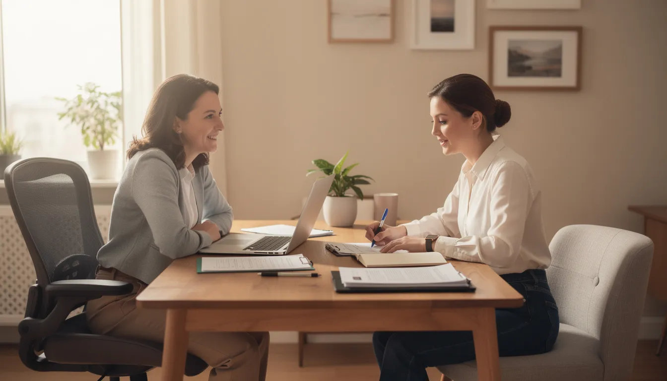 The image depicts a professional consultation meeting in a cozy home office, featuring a laptop and paperwork spread across the desk, emphasizing the importance of indoor air quality testing and solutions for health risks related to mold and pollutants. The setting reflects a focus on creating a safe indoor environment for property owners in Knox County.