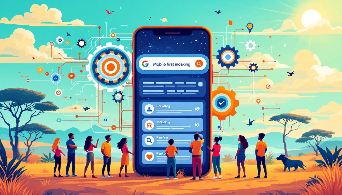 An illustration depicting mobile first indexing concepts, showcasing mobile devices and search engines.
