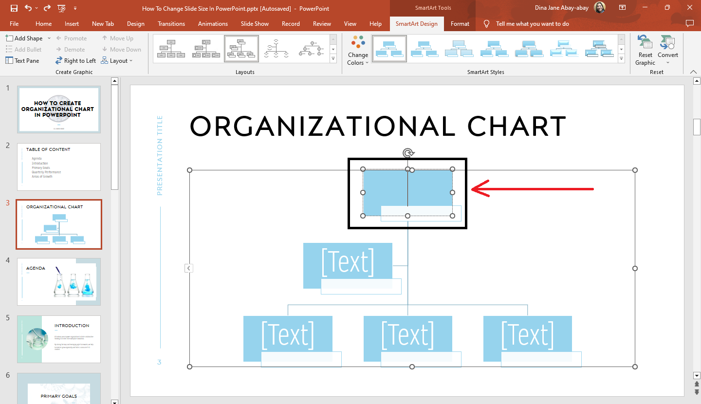 Select a text box in your org chart in PowerPoint