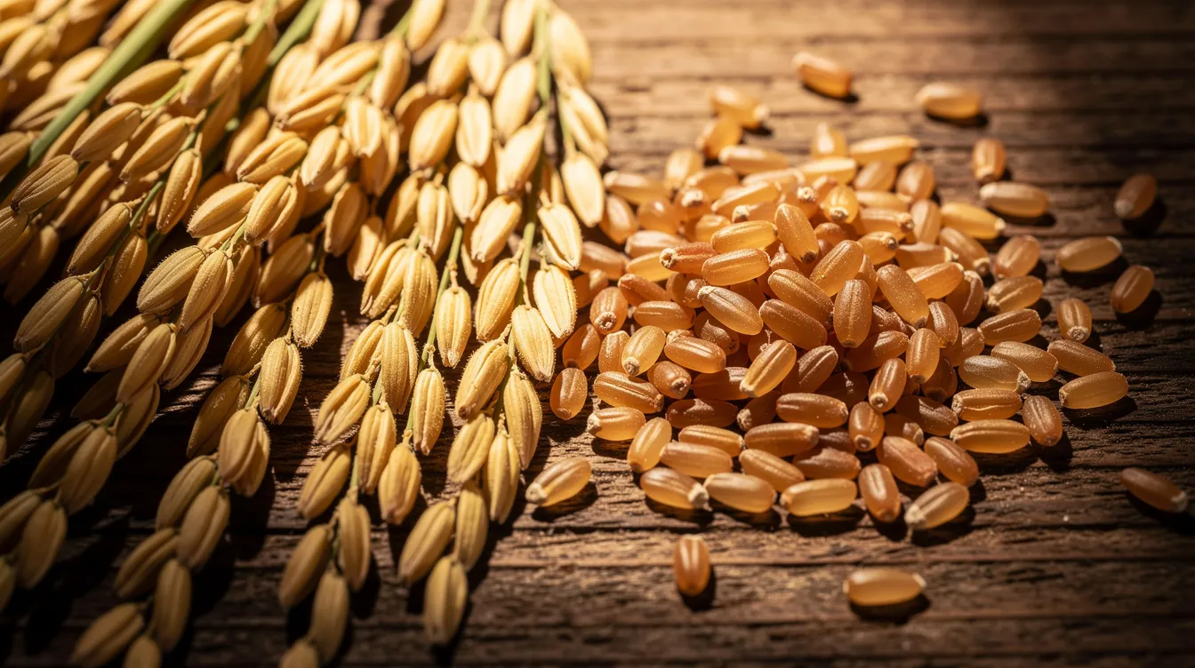 A close-up image shows golden paddy grains alongside brown rice kernels on a wooden surface, highlighting the raw paddy before the rice milling process and the resulting milled rice. The contrast between the unprocessed grains and the polished brown rice emphasizes the stages of rice processing and the quality of the finished product.