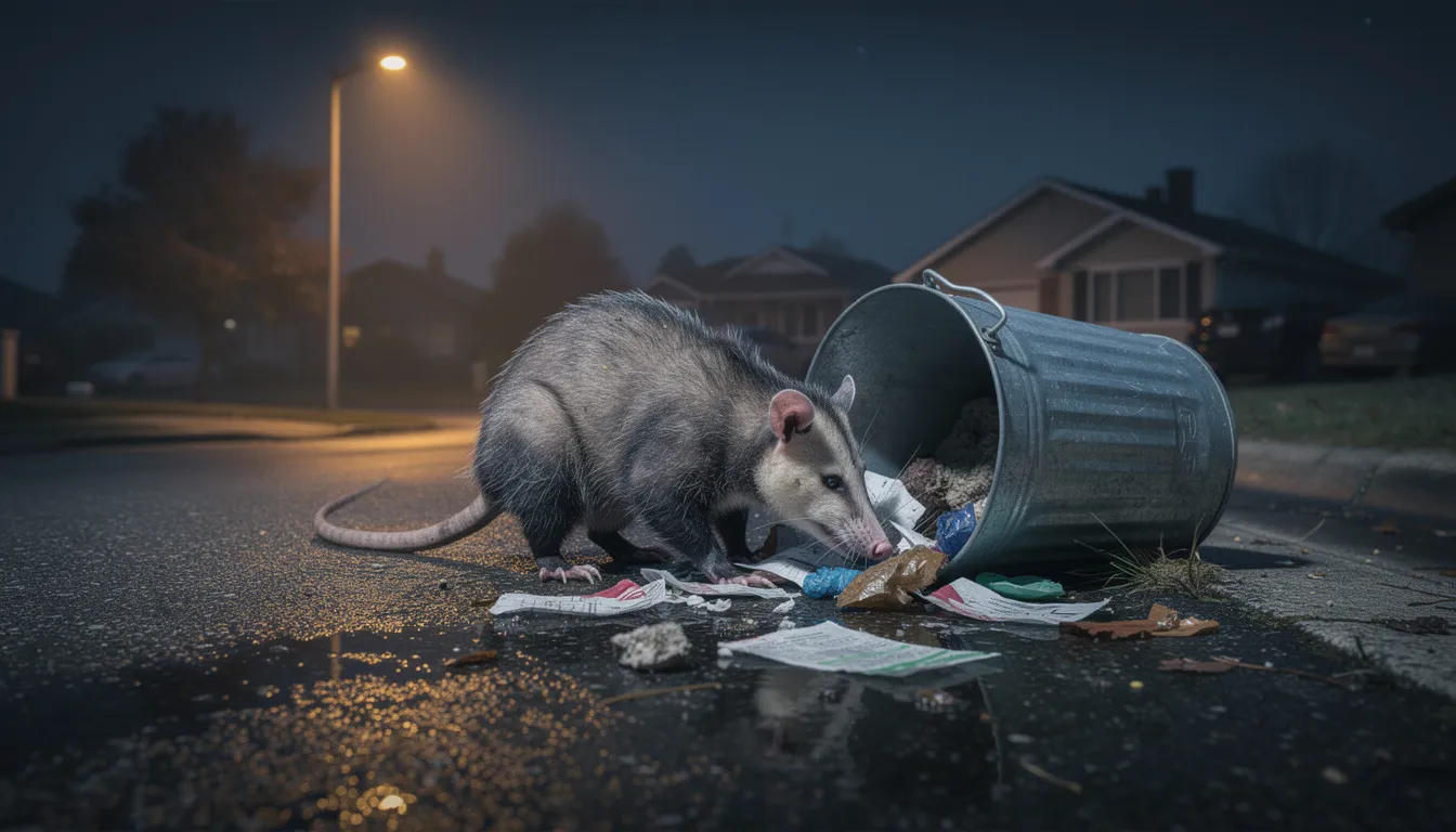 A nocturnal Virginia opossum is curiously investigating an overturned garbage can in a residential area at night, likely searching for food scraps such as pet food or overripe fruit. Its pink nose and prehensile tail are visible as it explores the urban environment, showcasing the opossum's role as a scavenger among other wildlife.