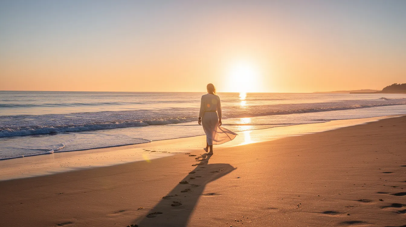 A person walks along a serene beach during golden hour, with gentle waves lapping at the shore and a clear sky overhead. This tranquil scene promotes mental well-being and highlights the importance of mindfulness in maintaining good mental health.