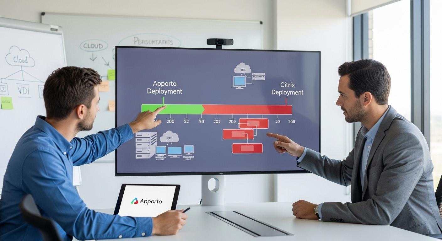 IT administrators comparing virtual desktop deployment timelines, with Apporto enabling rapid setup and Citrix requiring extensive configuration
