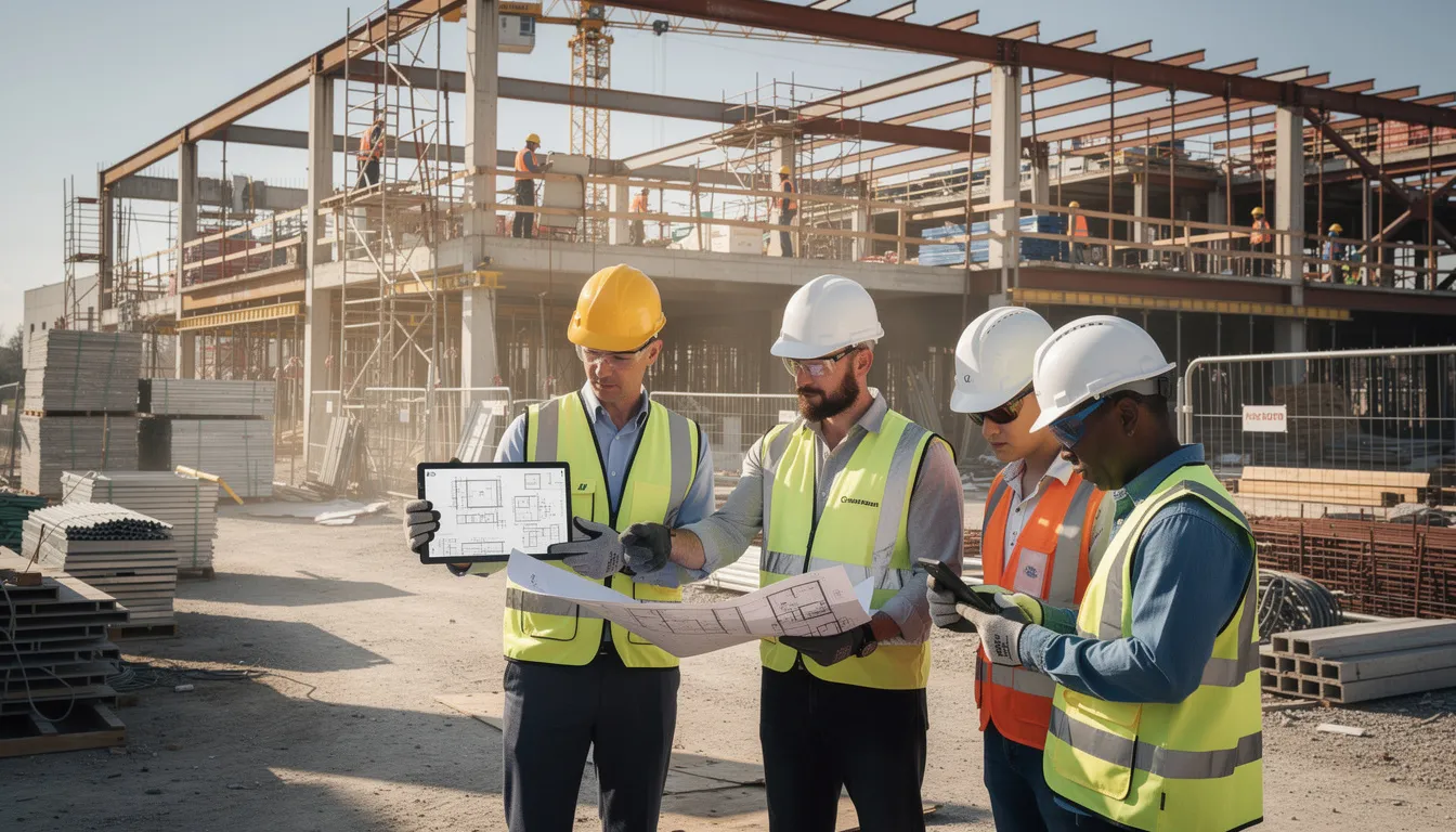 A group of construction workers on a commercial building site are actively using tablets and mobile devices to review project plans, showcasing the integration of AI technologies and digital tools in the construction industry. This scene highlights the importance of project management and the adoption of AI solutions to enhance efficiency and safety on construction sites.