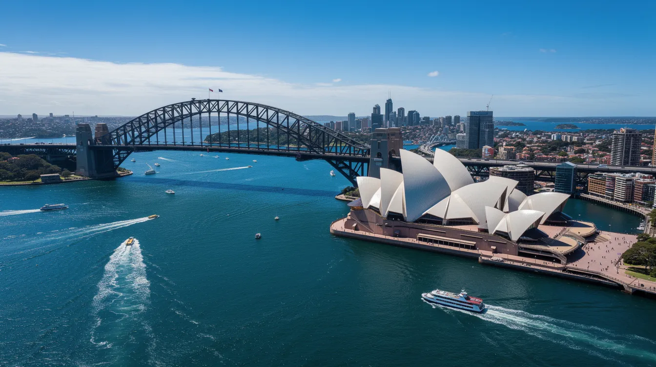 An aerial view captures the iconic Sydney Opera House and the Sydney Harbour Bridge bathed in sunlight, showcasing the vibrant blue waters of the harbor. This picturesque scene highlights two of Australia's most famous landmarks, symbolizing the country's cultural and architectural heritage.