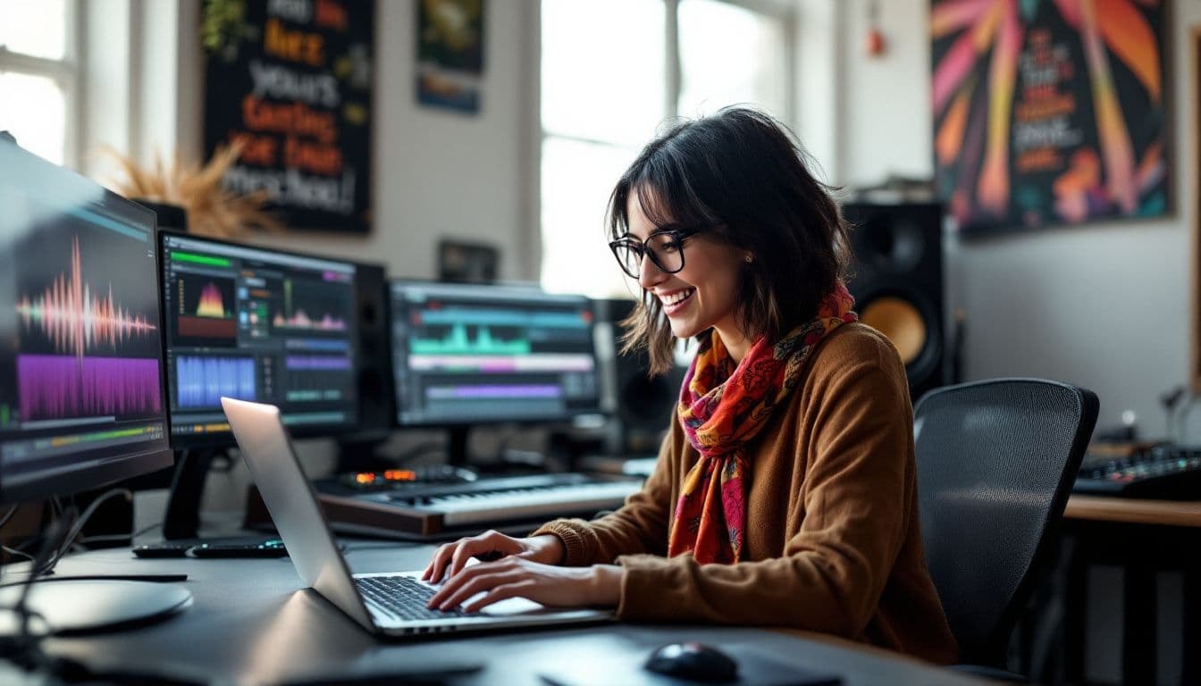 A student reviewing online course materials for audio engineering.