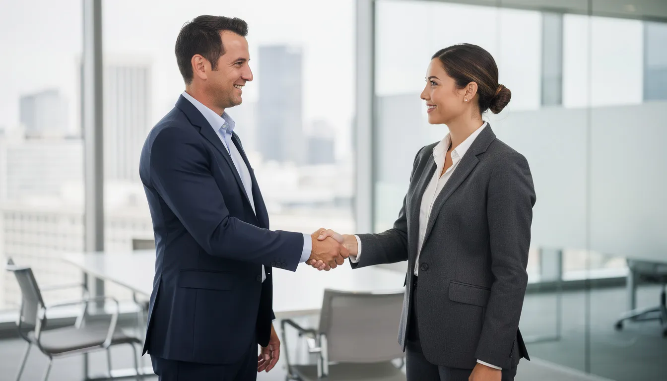 In a modern office setting, two business professionals engage in a firm handshake, symbolizing a successful partnership. This scene reflects the dynamic atmosphere of Miami's real estate market, where investors seek lucrative opportunities in properties such as condos and multifamily homes.