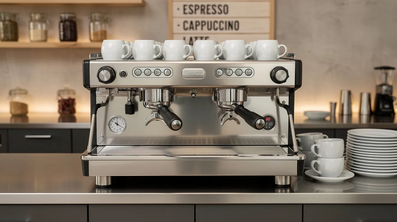 Una máquina de espresso profesional de dos grupos se encuentra sobre una barra de acero inoxidable en una cafetería moderna, rodeada de tazas y portafiltros, mostrando la calidad y el rendimiento necesarios para preparar bebidas de café excepcionales. Este equipo es esencial para baristas y negocios que buscan ofrecer un servicio de alta calidad en sus cafeterías y restaurantes.