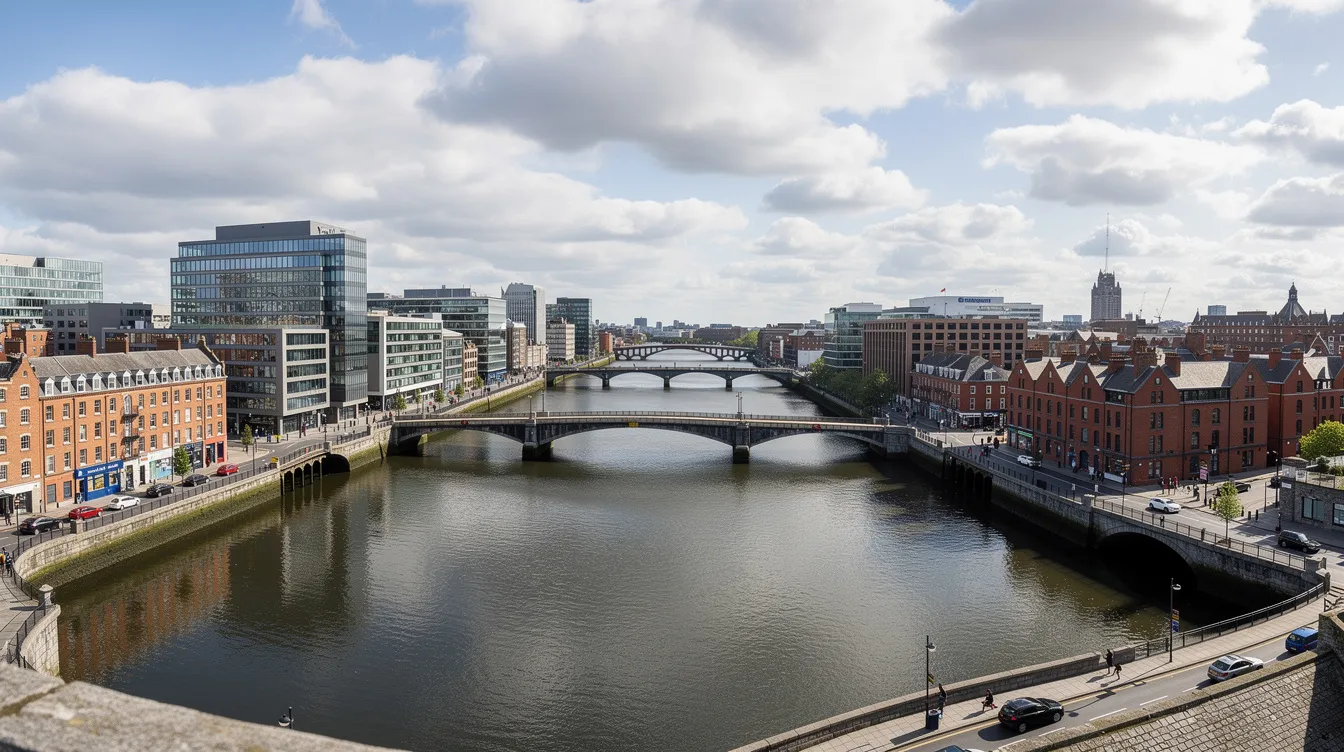 A panoramic view of Dublin city showcases the River Liffey flowing through the heart of the vibrant city life, with modern office buildings and bridges visible under a partly cloudy sky. This scene reflects the blend of Irish culture and urban development, making Dublin an attractive destination for international students and professionals alike.