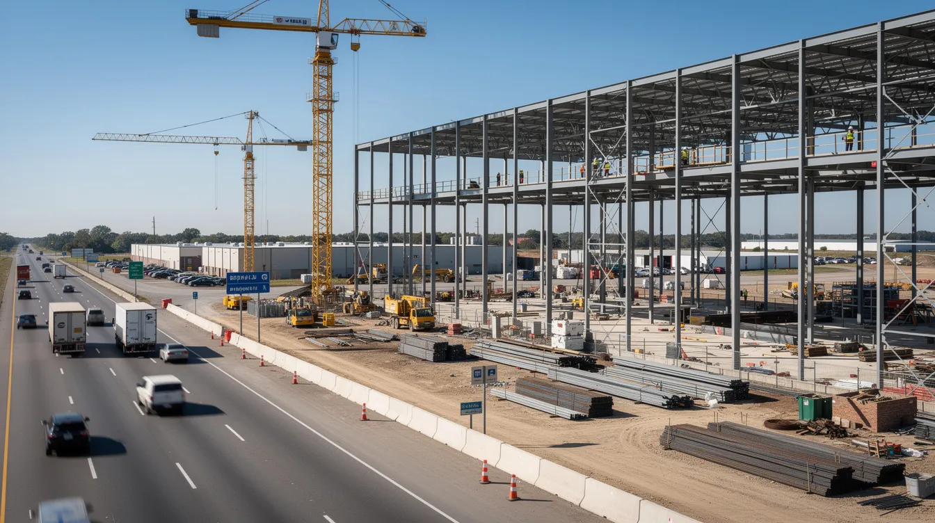 The image depicts a bustling warehouse construction site featuring steel framing and cranes actively working along a highway corridor. This infrastructure project is part of federally funded initiatives, emphasizing the importance of compliance with the Buy America Act and domestic content procurement preferences.
