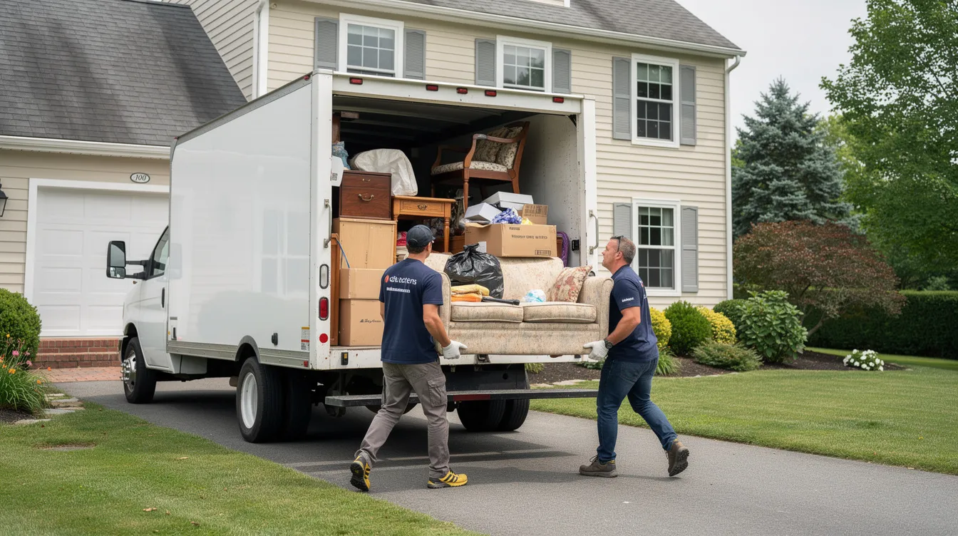 A uniformed junk removal crew is efficiently loading heavy household furniture, including couches and appliances, into a clean truck outside a Connecticut home. This professional team, dedicated to stress-free junk hauling, is committed to helping homeowners clear unwanted items while ensuring clear communication and affordable prices.