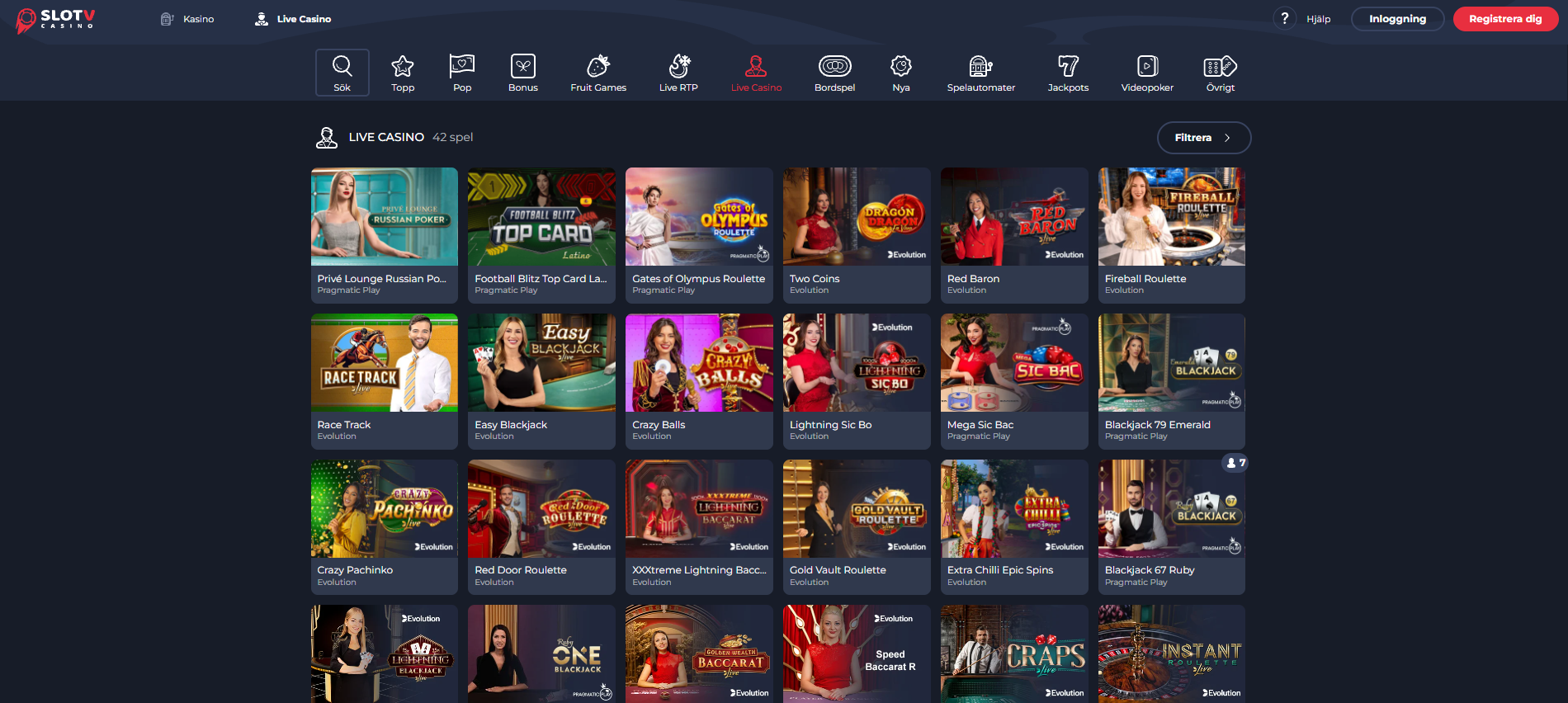 SlotV Casinos livecasino med roulette, blackjack, baccarat och andra livespel.