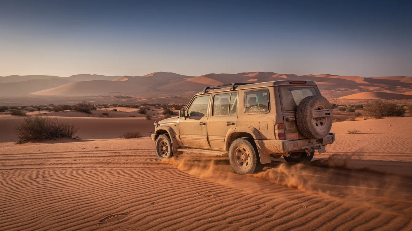 Een auto rijdt door de uitgestrekte Marokkaanse Sahara-woestijn, omringd door indrukwekkende zandduinen die een adembenemend uitzicht bieden. Deze scène benadrukt de vrijheid van het huren van een auto in Marokko, ideaal voor een onvergetelijke rondreis door het land.