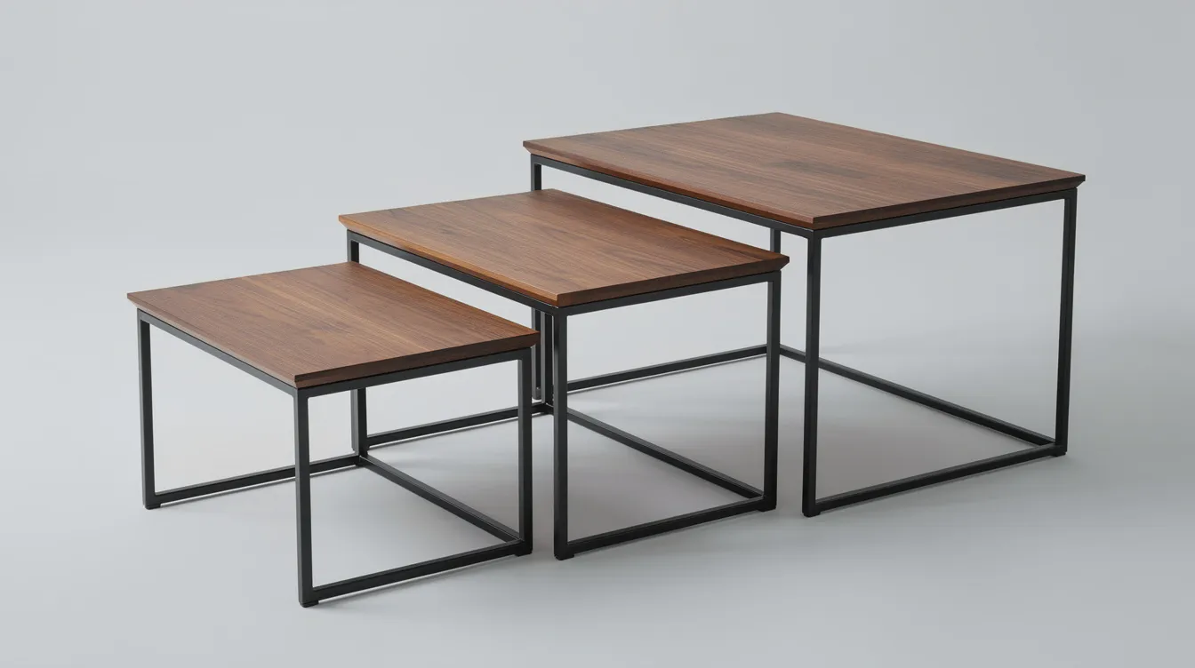 Ett satsbord i tre olika storlekar, tillverkat av valnötsfaner med en stilren svart metallram. Detta soffbord ger en modern känsla till vardagsrummet och erbjuder både funktion och design.