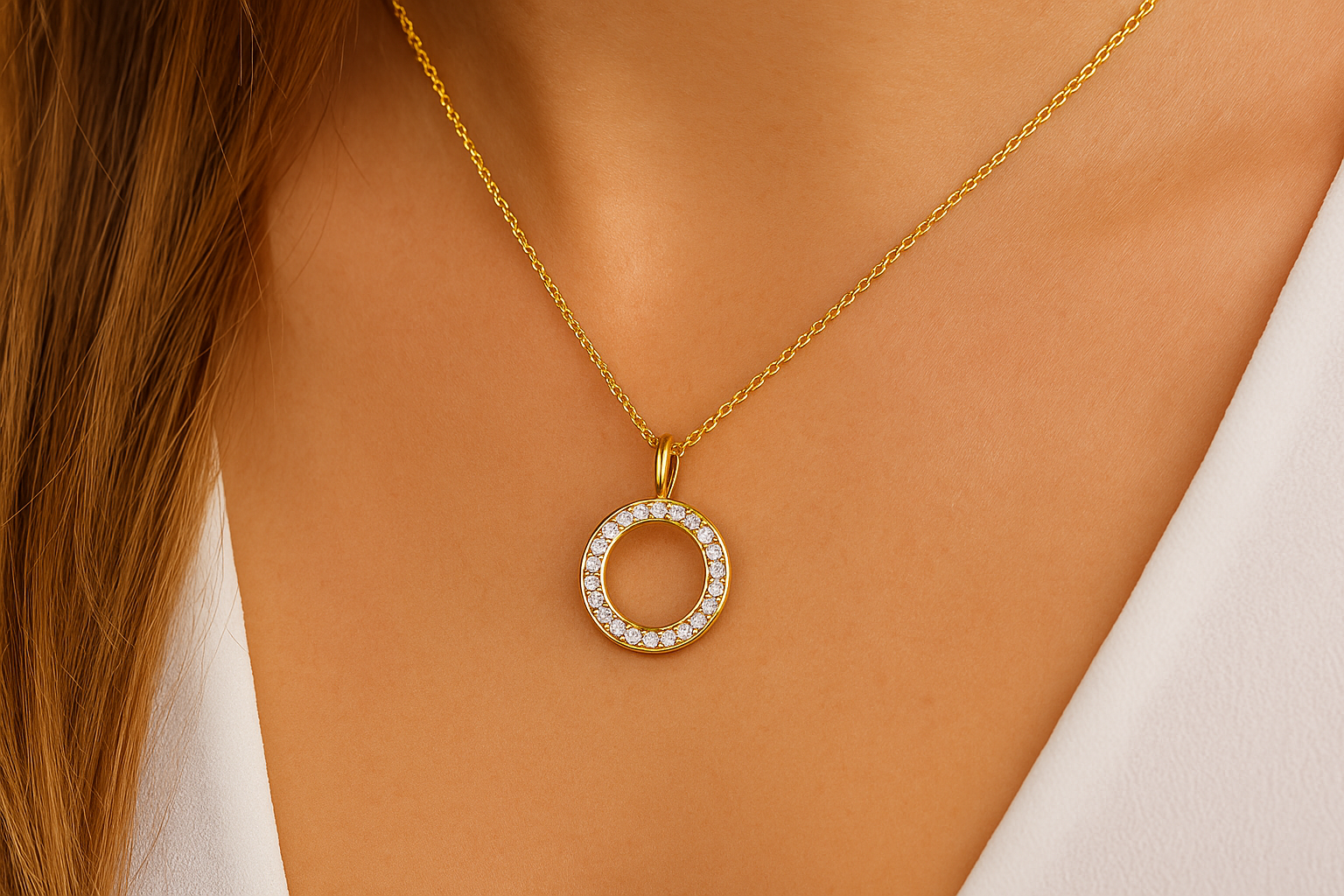 modernaus dizaino geltono aukso pakabukas su deimantais ant kaklo