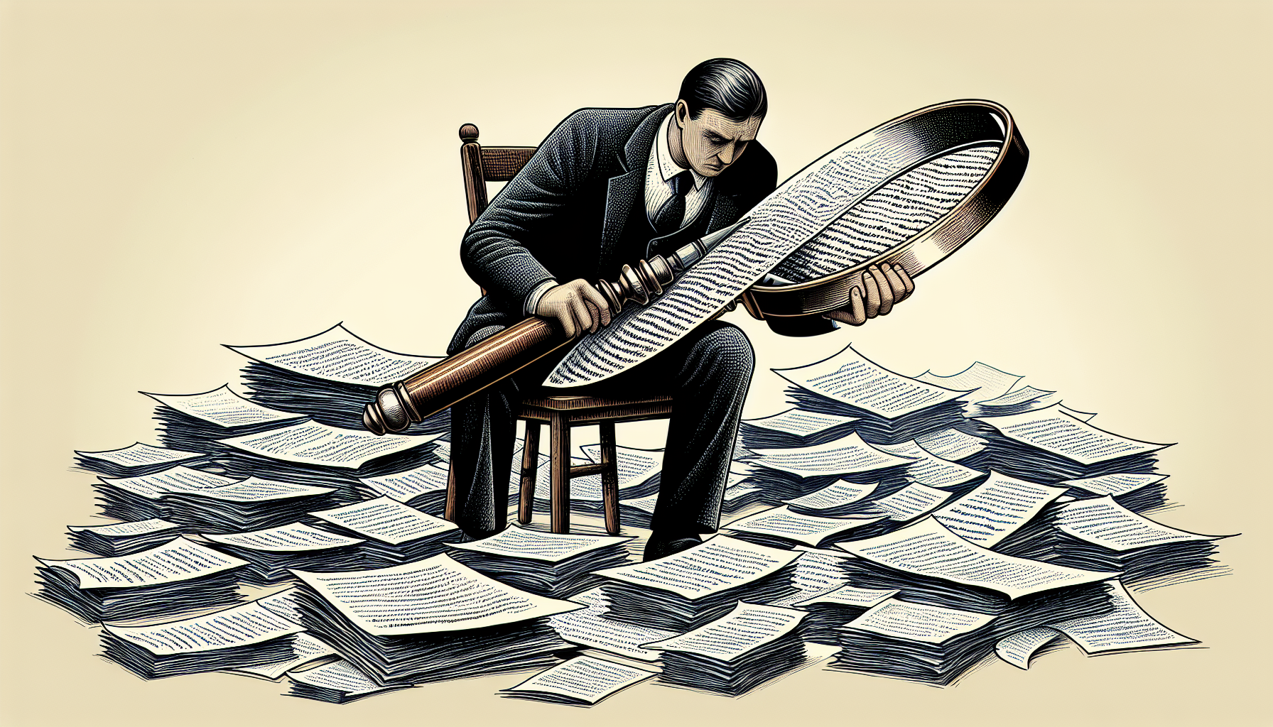 Illustration of a person searching through documents with a magnifying glass