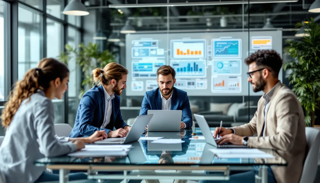 The image depicts a diverse team of professionals collaborating on a digital transformation project, discussing strategies to enhance business processes through automation technologies. They are focused on leveraging intelligent automation and machine learning to streamline workflows and achieve their automation goals.