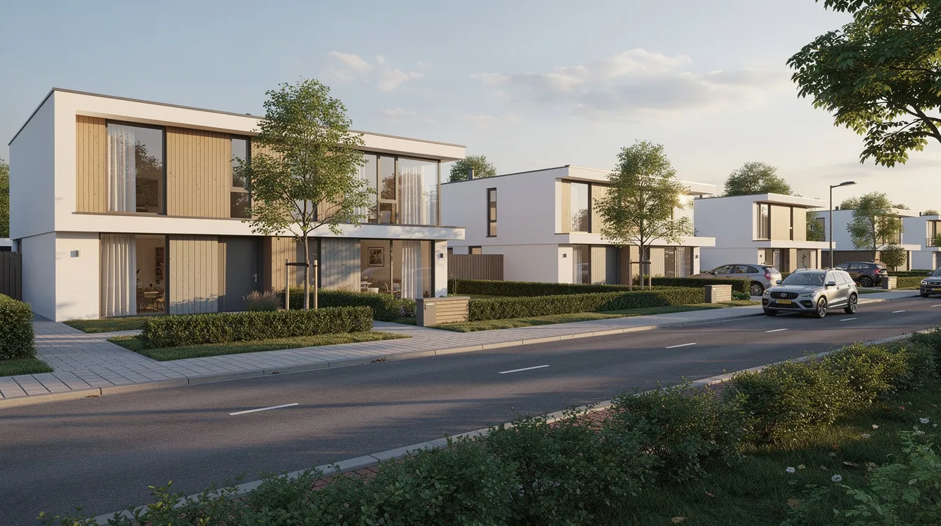 Een rustige straat met moderne woningen, omringd door groen en bomen, die een gevoel van harmonie en duurzaamheid uitstralen. Deze woningen zijn een voorbeeld van innovatief vastgoed, wat bijdraagt aan de ontwikkeling van aantrekkelijke woonomgevingen.