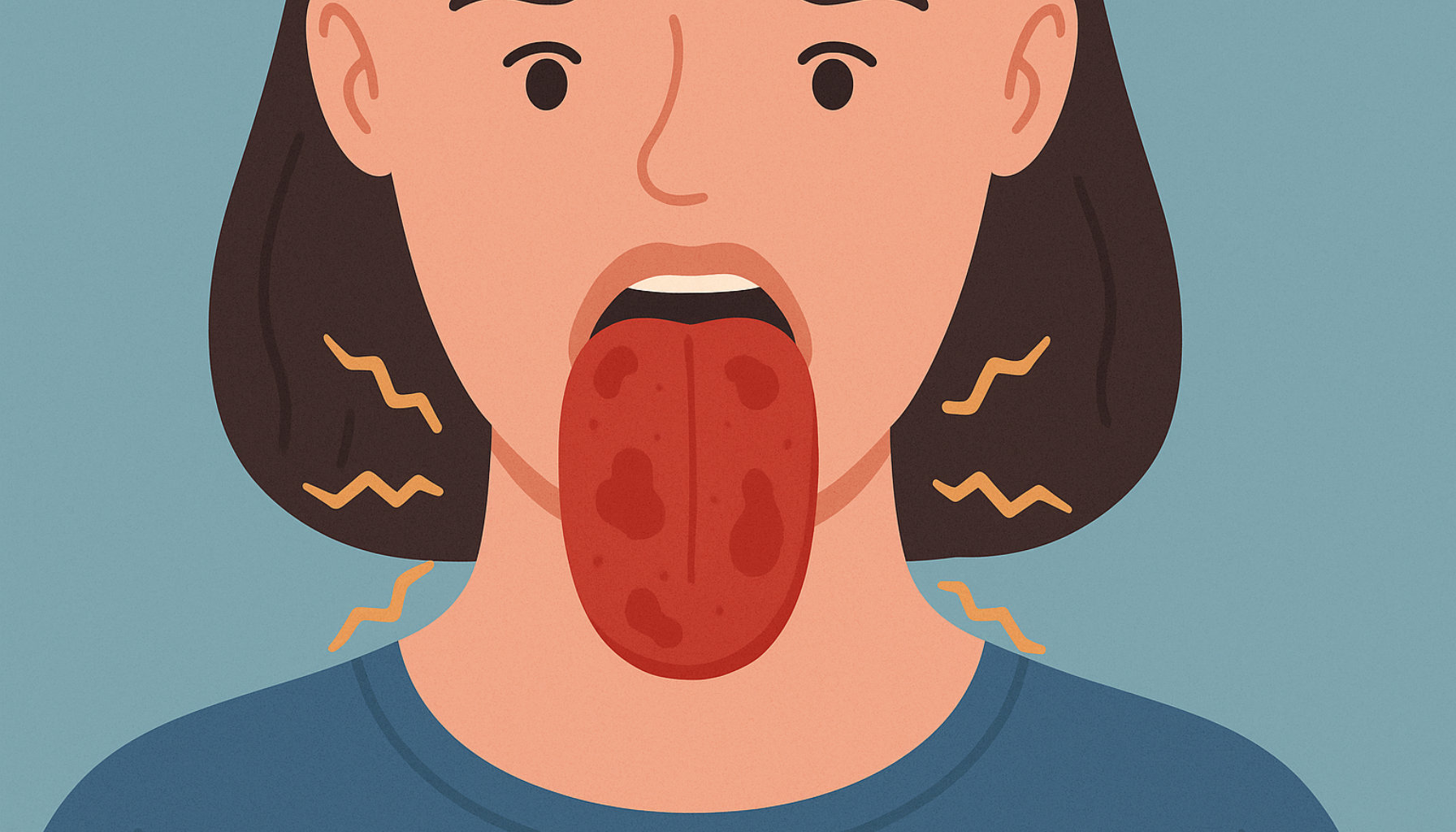 Illustrasjon av kvinne med rød, hoven og betent tunge som viser symptomer på glossitt. glossitt geografisk tunge hos barn tungen tunge symptomer behandling hos betennelse brennende tilstanden eksempel sår mer infeksjoner tegn årsaker ofte munnhulen føre smerte symptomene årsaken munn tilfeller bør underliggende munnen tilstander følelse flere ubehag mangel diagnose syndrom dårlig andre skyldes munnslimhinnen endringer forandringer tilstand viktig munnhygiene får utvikle enkelte soppinfeksjoner lege vanlig lett sykdom faktorer finnes problemer smerter små medisinsk medisiner vitamin barn sykdommer bakterier personer infeksjon oral svie tannlege går rød røde hvite årsak forårsaket spiser belegg tidlig kommer unngå del utsatt