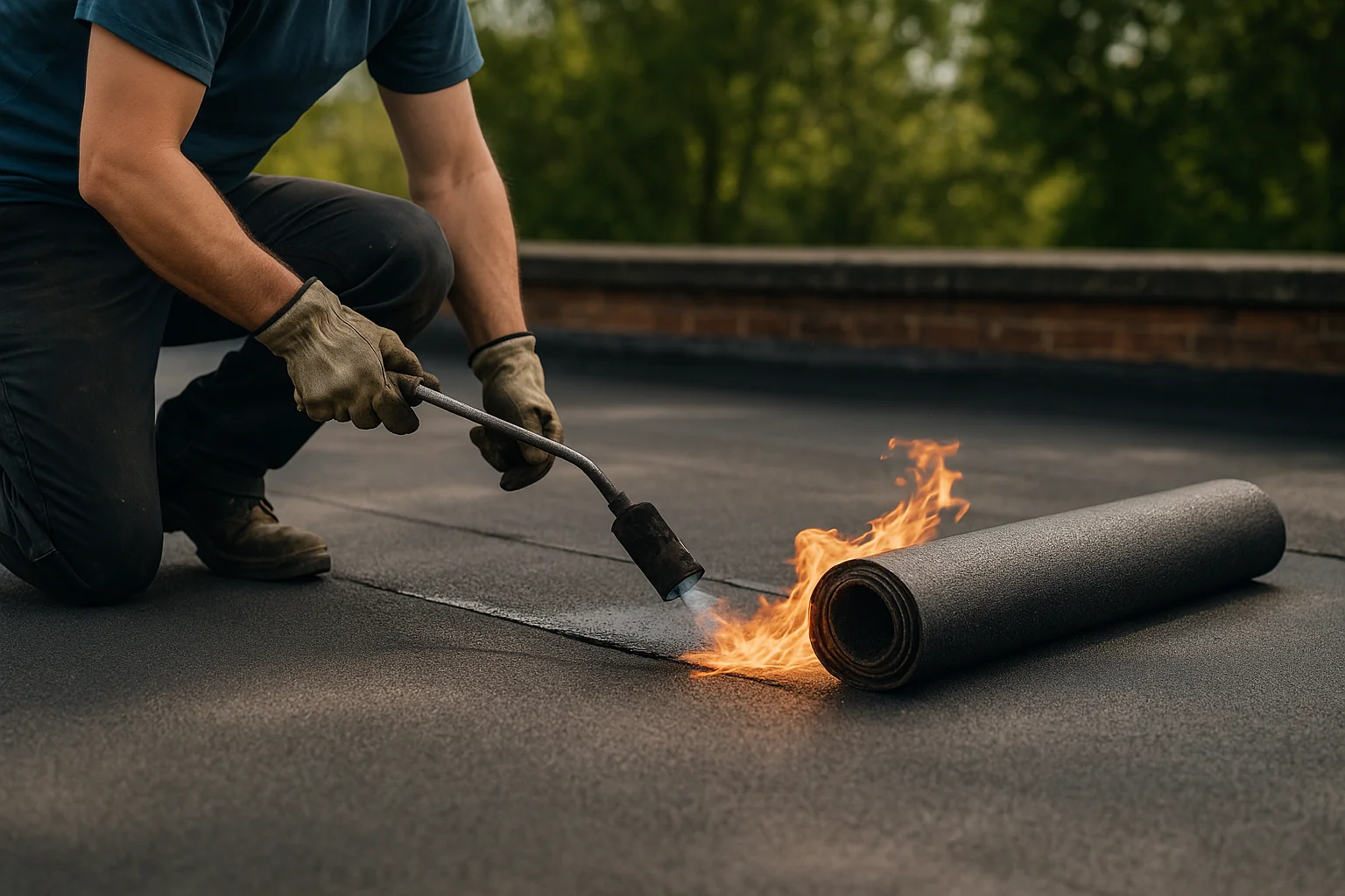 Torch-on felt application with a roofer heating bituminous membrane onto a flat roof.