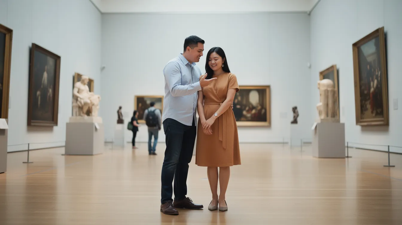 A couple is enjoying their first date at a museum, surrounded by various art pieces that spark conversation and connection. This unique date idea provides built-in conversation starters, creating a fun and engaging atmosphere for both.