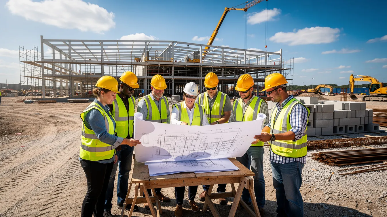 A group of construction workers wearing hard hats and safety vests are gathered at a commercial building site, actively reviewing plans under a bright sky. This scene highlights the collaborative efforts of the project team as they focus on the construction process and project management to ensure cost efficiency and successful project execution.