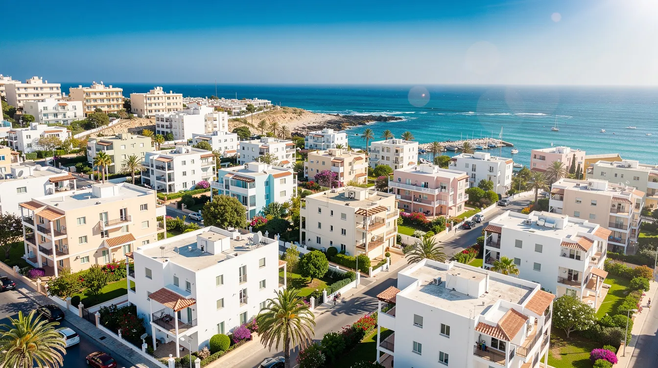 An aerial view of a sunny coastal town in Cyprus showcases white apartment buildings nestled among lush greenery, reflecting a family-friendly environment ideal for expat families. This image highlights the relaxed Mediterranean pace of life, making it a desirable location for those considering moving to Cyprus with children.