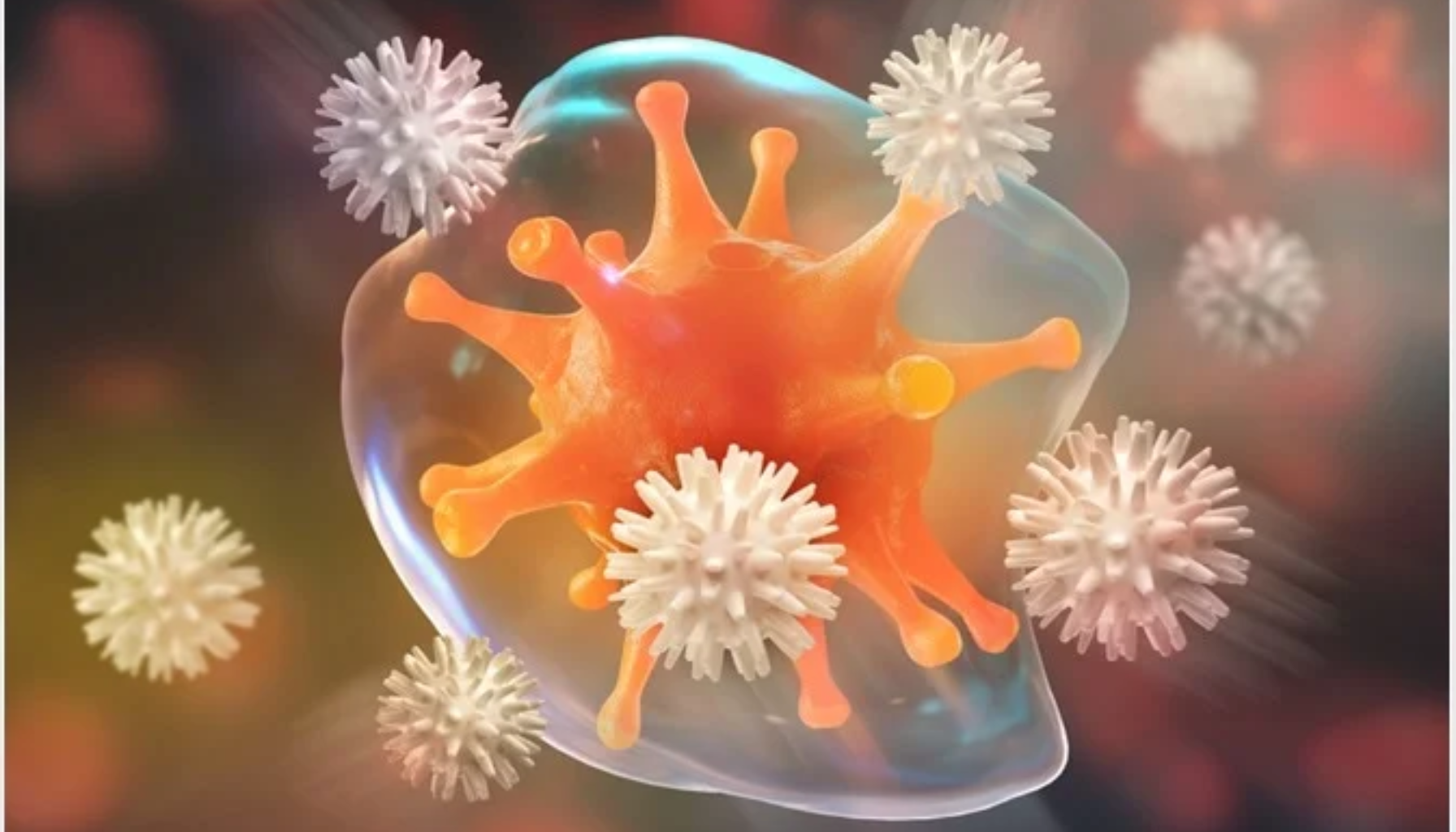 Illustrasjon av immunceller som angriper og forsøker å bekjempe et virus i kroppen.