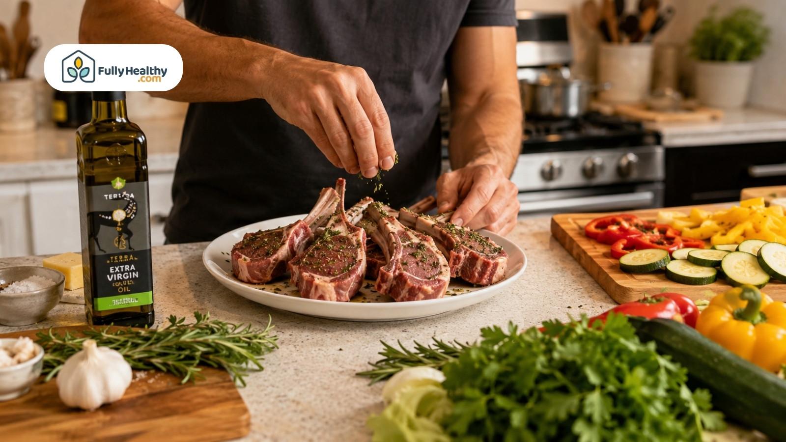 Man seasoning raw lamb chops in kitchen with vegetables and olive oil