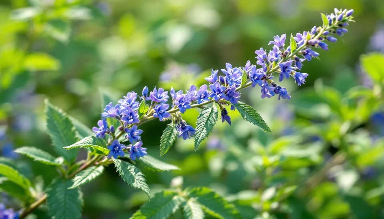 The image depicts the Scutellaria baicalensis plant, commonly known as Chinese skullcap, showcasing its vibrant green leaves and delicate flowers. This medicinal herb is often used in traditional Chinese medicine for its anti-inflammatory and anxiolytic properties, and can be found in health food stores as a tincture or herbal supplement.