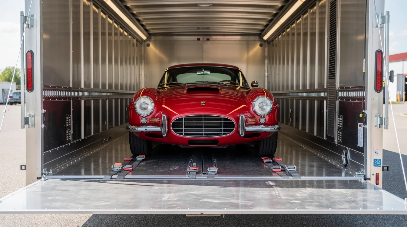 A vintage red sports car is securely positioned inside an enclosed aluminum trailer, showcasing the extra protection provided by classic car transport services. This setup ensures that the classic vehicle remains in pristine condition during transit.