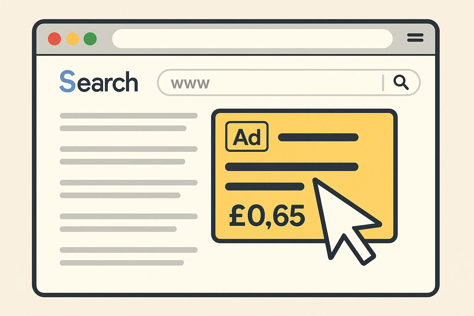 "Digital ad being clicked on a stylised search engine results page with cost-per-click and bidding elements visible, no human figures."